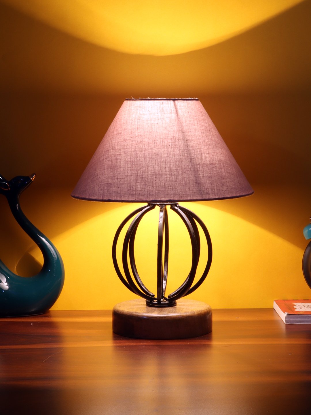 Ambika Home Round Iron & Wood Table Lamp with Grey Cotton Shade Wooden Table Lamp with Cotton Shade, Grey, Modern Bedside Lamp for Bedroom, Living Room, Hotel, Café & Home Decor - Image 3