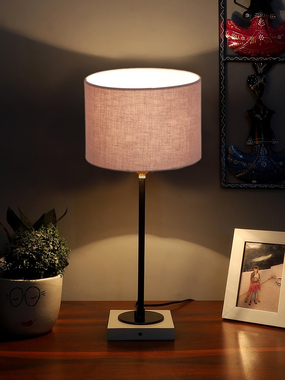 Ambika Home Wooden Table Lamp with Grey Cotton Shade | Bedside Lamp for Bedroom, Living Room, Hotel & Cafe | RK06 - Image 2