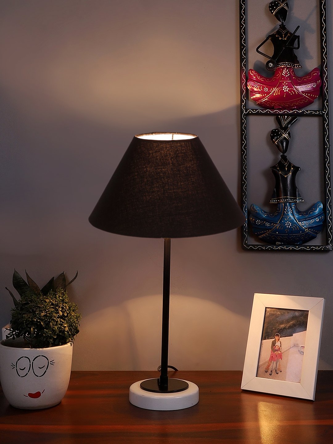 Ambika Home Wooden Table Lamp with Red Cotton Shade | Bedside Lamp for Bedroom, Living Room, Hotel & Cafe | RK46 - Image 3