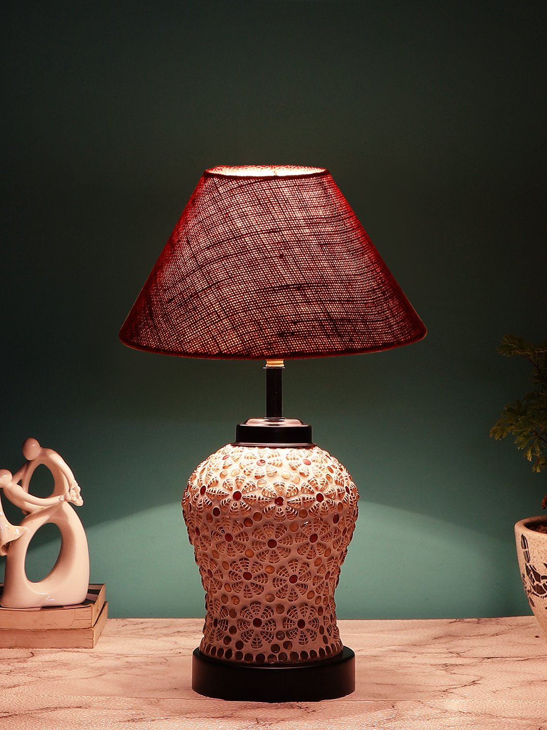 Ambika Home Maroon Jute Glass Table lamp with Iron Base - Image 3