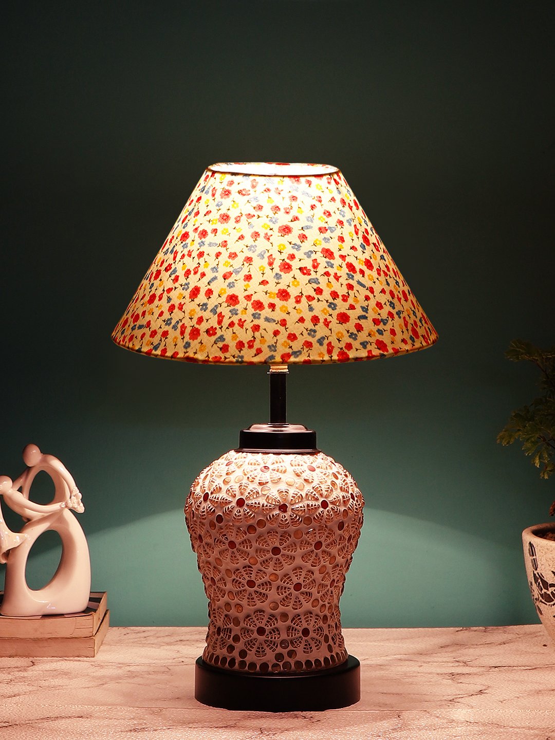 Ambika Home Multicolor cotton Glass Table lamp with Iron Base - Image 3