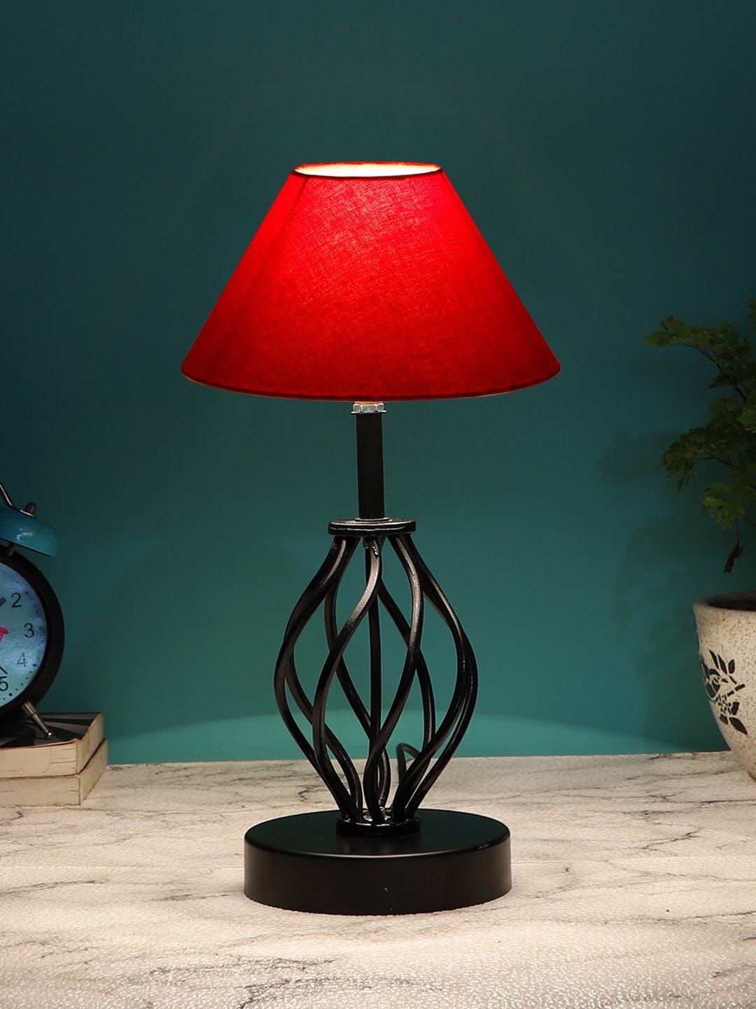Ambika Home Red cotton Table lamp with Iron Base - Image 3