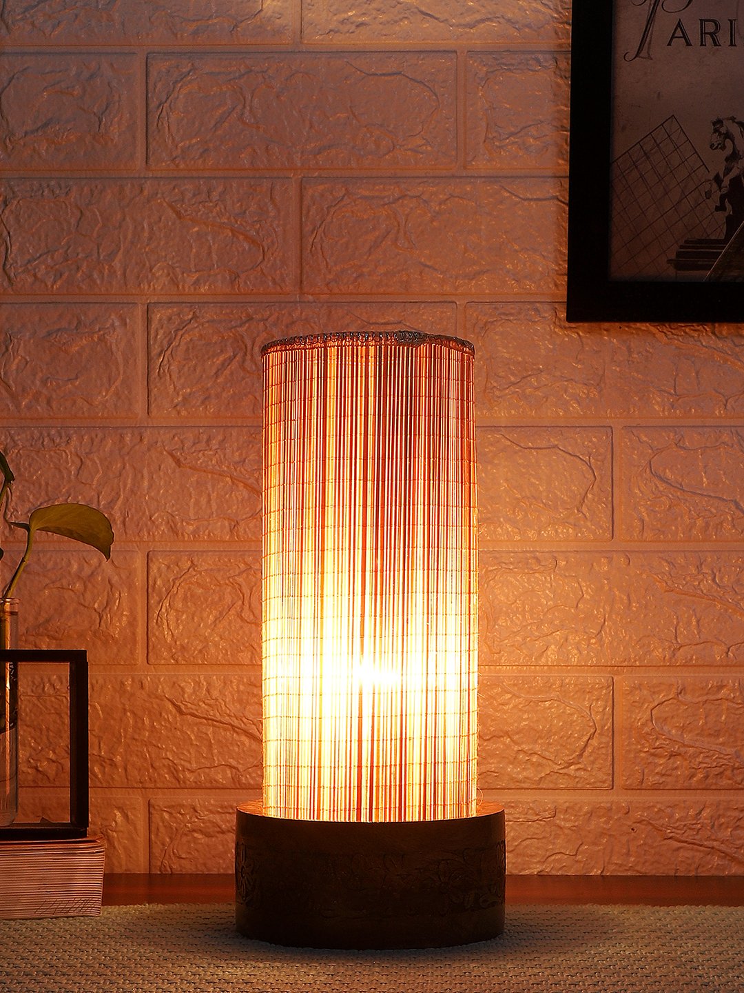 Ambika Home Beige Bamboo Round Carving Table Lamp Shade | Decorative Bedside Lamp for Living Room, Bedroom, Hotel, Cafe & Restaurant | SKU AT83 - Image 3