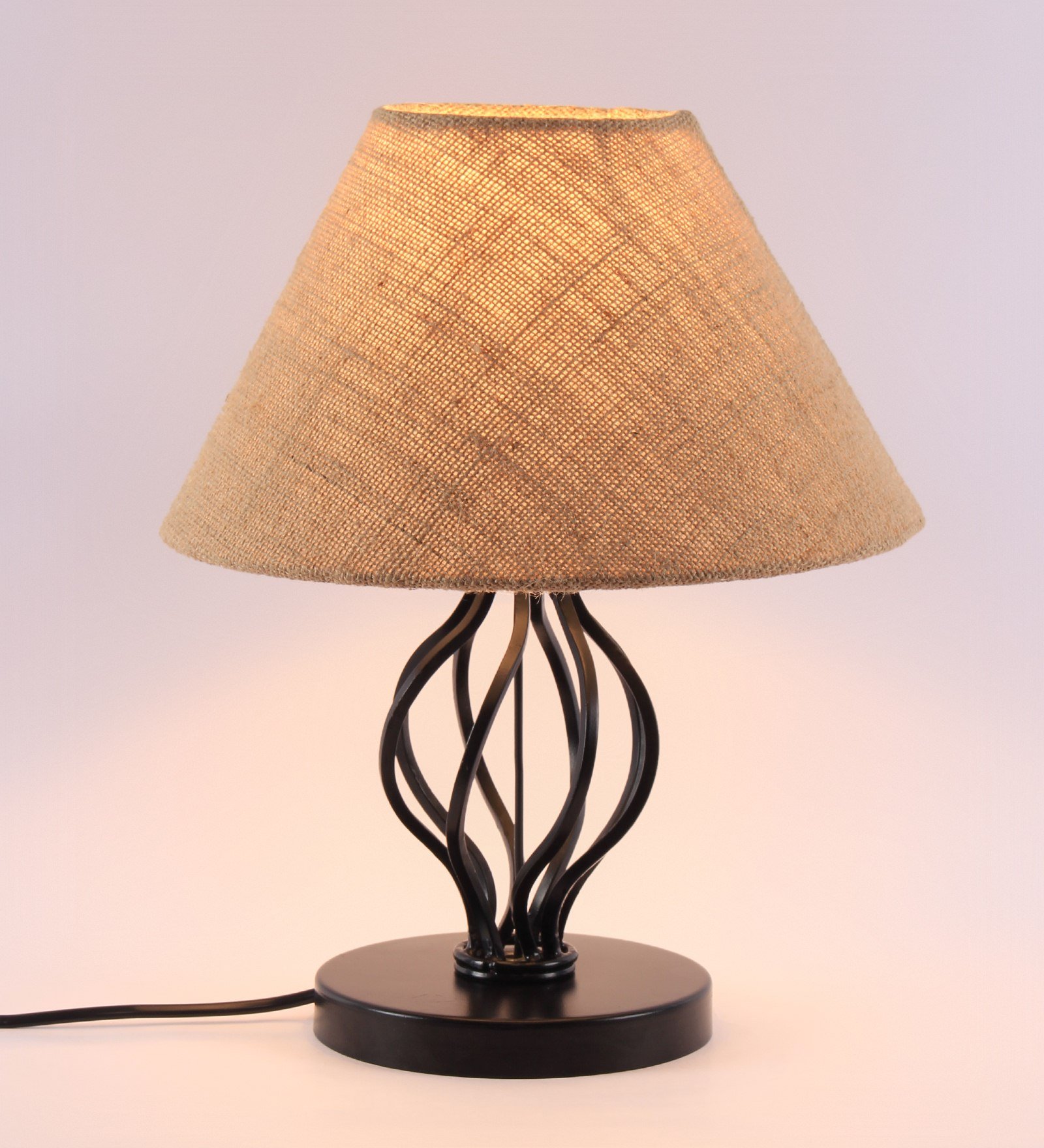 Ambika Home Spiral Iron Basket & Black WoodTable Lamp with Beige Jute Shade Wooden Table Lamp with Jute Shade, White, Modern Bedside Lamp for Bedroom, Living Room, Hotel, Café & Home Decor - Image 4
