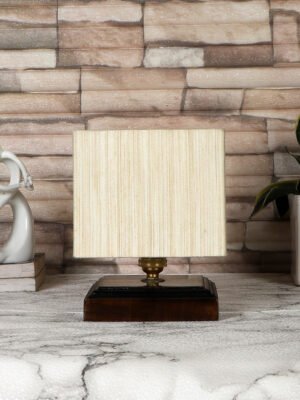 Ambika Home off-white cotton table lamp with Brown wood square base