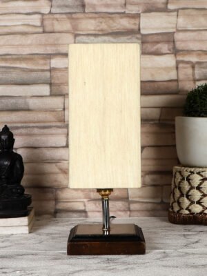Ambika Home off-white cotton table lamp with Square Brown Wood Base