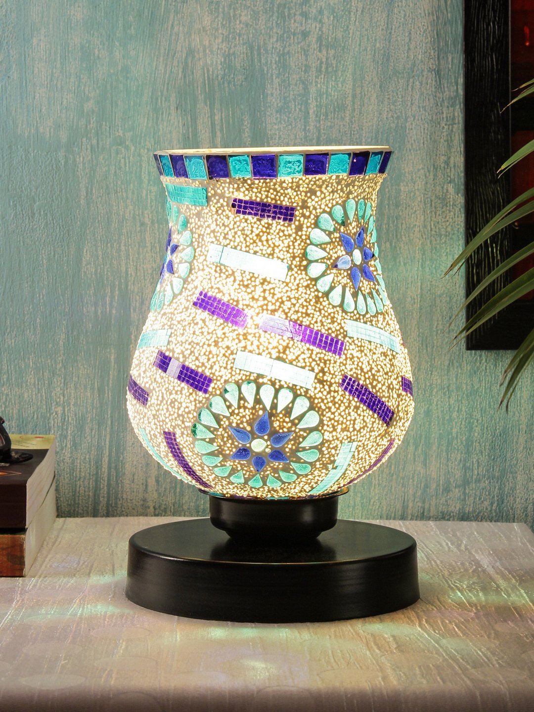 Ambika Home Bohemia Mosaic Multicolor Mosaic Glass Table Lamp with Wooden Base | Premium Bedside Lamp for Bedroom, Living Room, Hall, Hotel, Café, Restaurant & Office | E27 Compatible