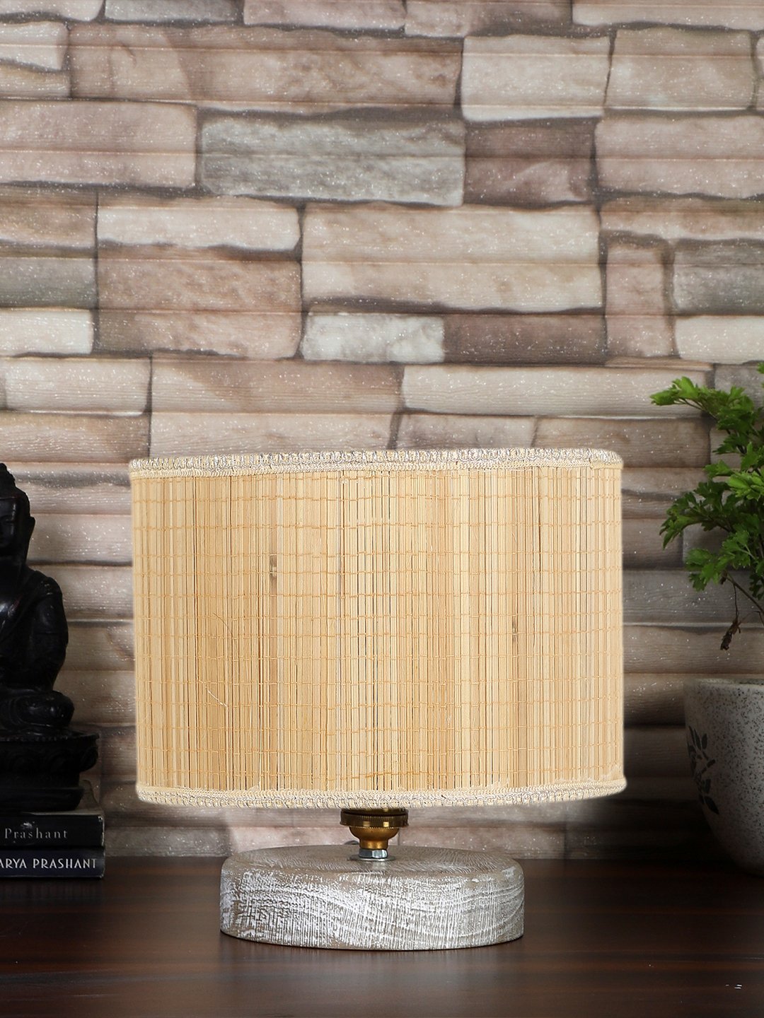 Ambika Home off-white Wood White Brushed Decorative Table Lamp | Premium Handmade Home Decor | Bedroom Living Room Bedside Hotel Café | WK63
