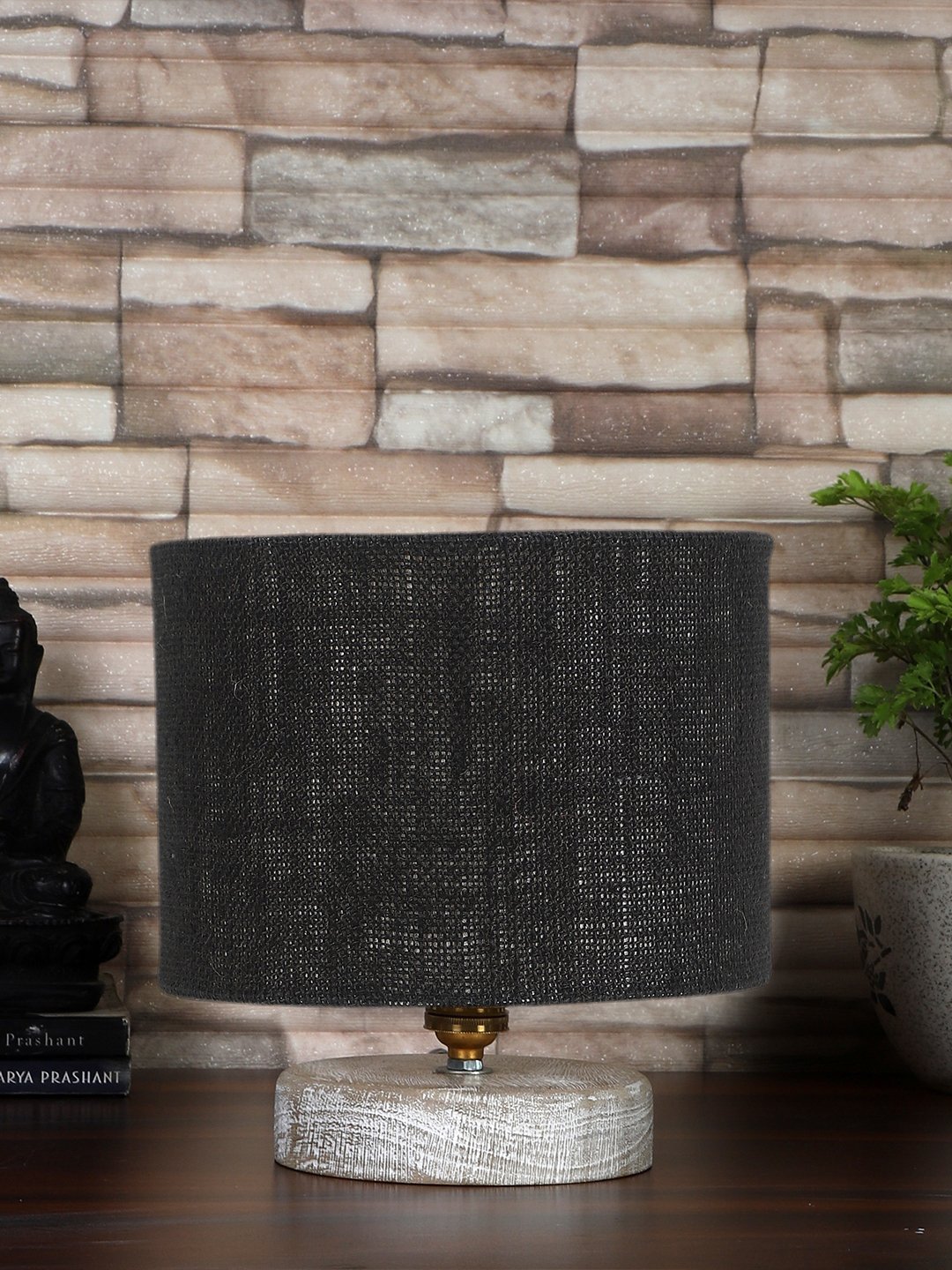 Ambika Home Black Wood White Brushed Decorative Table Lamp | Premium Handmade Home Decor | Bedroom Living Room Bedside Hotel Café | WK81