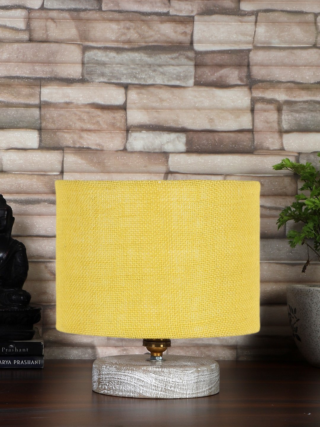 Ambika Home Yellow Wood White Brushed Decorative Table Lamp | Premium Handmade Home Decor | Bedroom Living Room Bedside Hotel Café | WK84