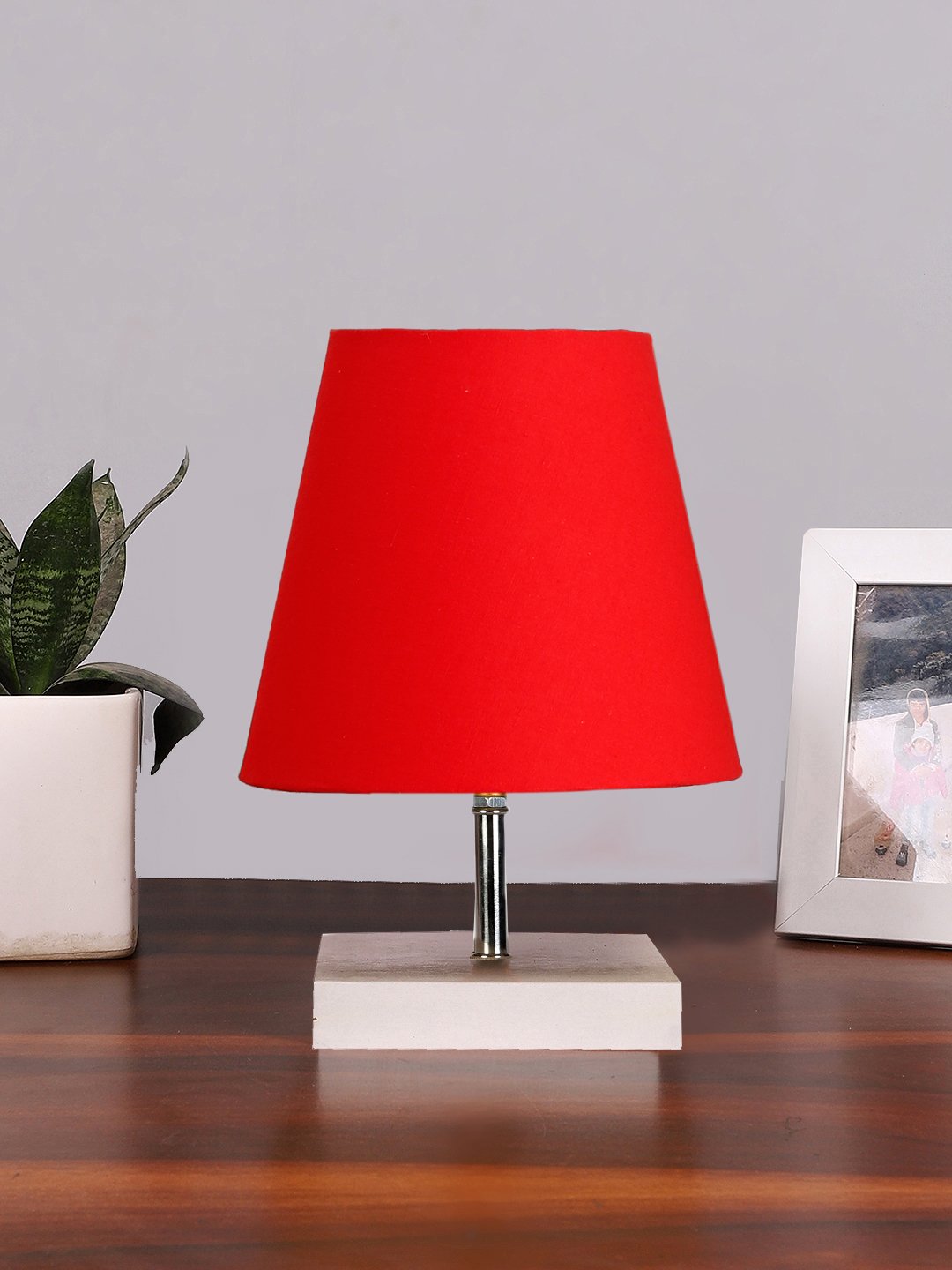 Ambika Home Red Cotton Shade Wooden Table Lamp | Modern Bedside Lamp for Bedroom, Living Room, Hotel, Café & Home Décor