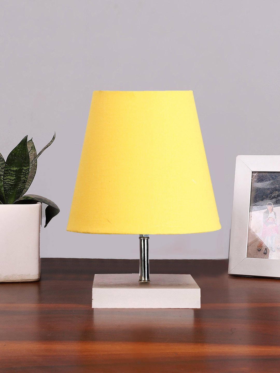 Ambika Home Yellow Cotton Shade Wooden Table Lamp | Modern Bedside Lamp for Bedroom, Living Room, Hotel, Café & Home Décor
