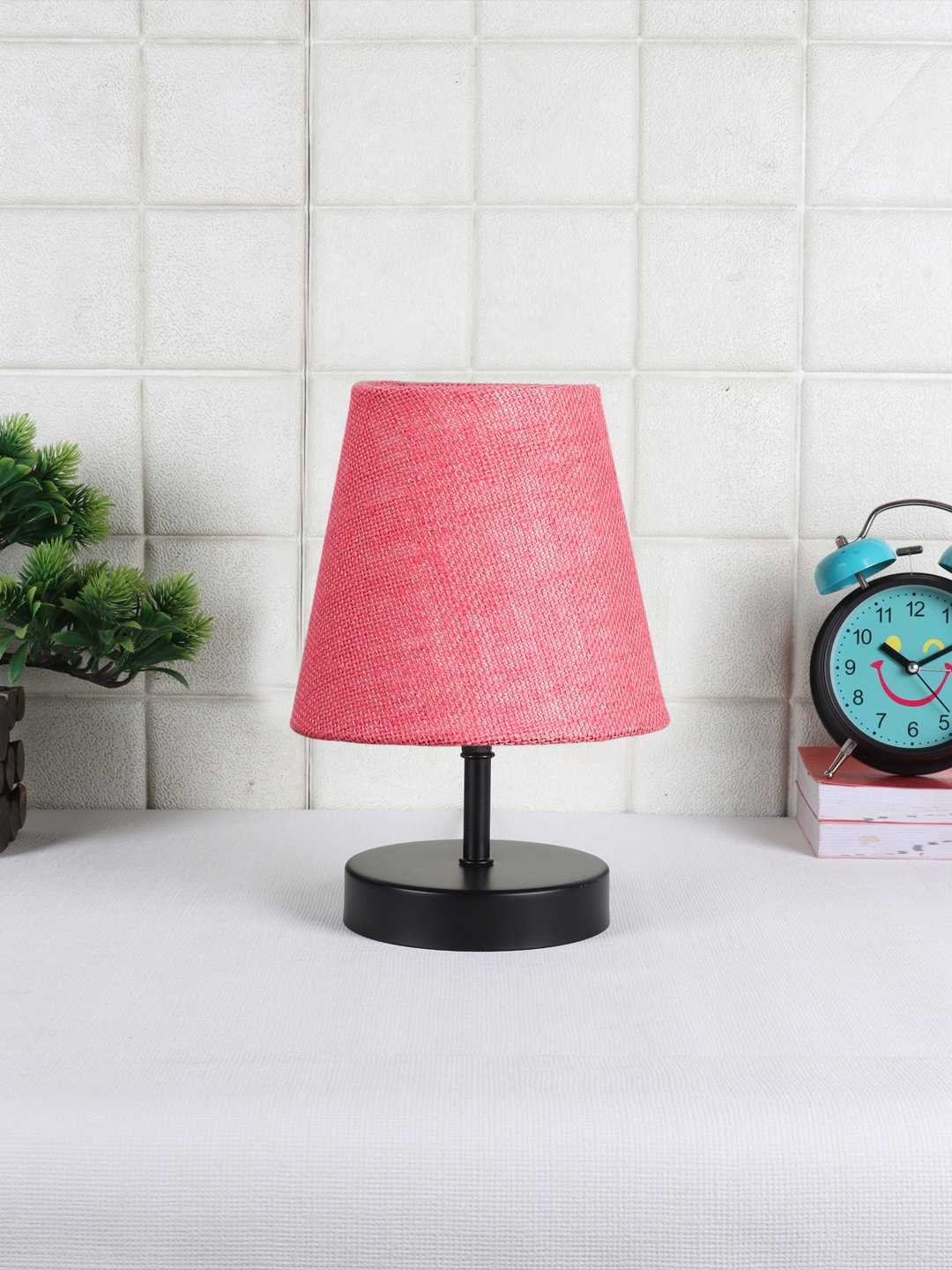 Ambika Home Pink Jute Shade Wooden Table Lamp | Modern Bedside Lamp for Bedroom, Living Room, Hotel, Café & Home Décor