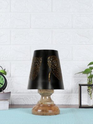 Ambika Home Black Metal Shade Wooden Table Lamp | Modern Bedside Lamp for Bedroom, Living Room, Hotel, Café & Home Décor