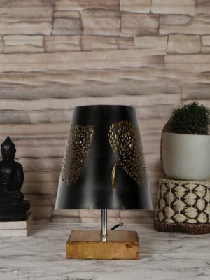 Ambika Home Black Metal Shade Wooden Table Lamp | Modern Bedside Lamp for Bedroom, Living Room, Hotel, Café & Home Décor