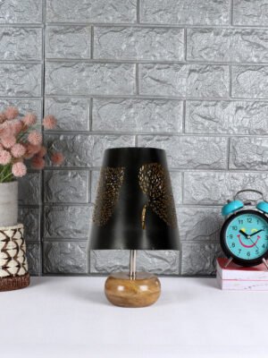 Ambika Home Black Metal Shade Wooden Table Lamp | Modern Bedside Lamp for Bedroom, Living Room, Hotel, Café & Home Décor