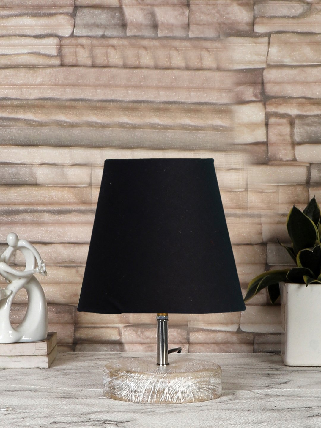 Ambika Home Black Cotton Shade Wooden Table Lamp | Modern Bedside Lamp for Bedroom, Living Room, Hotel, Café & Home Décor