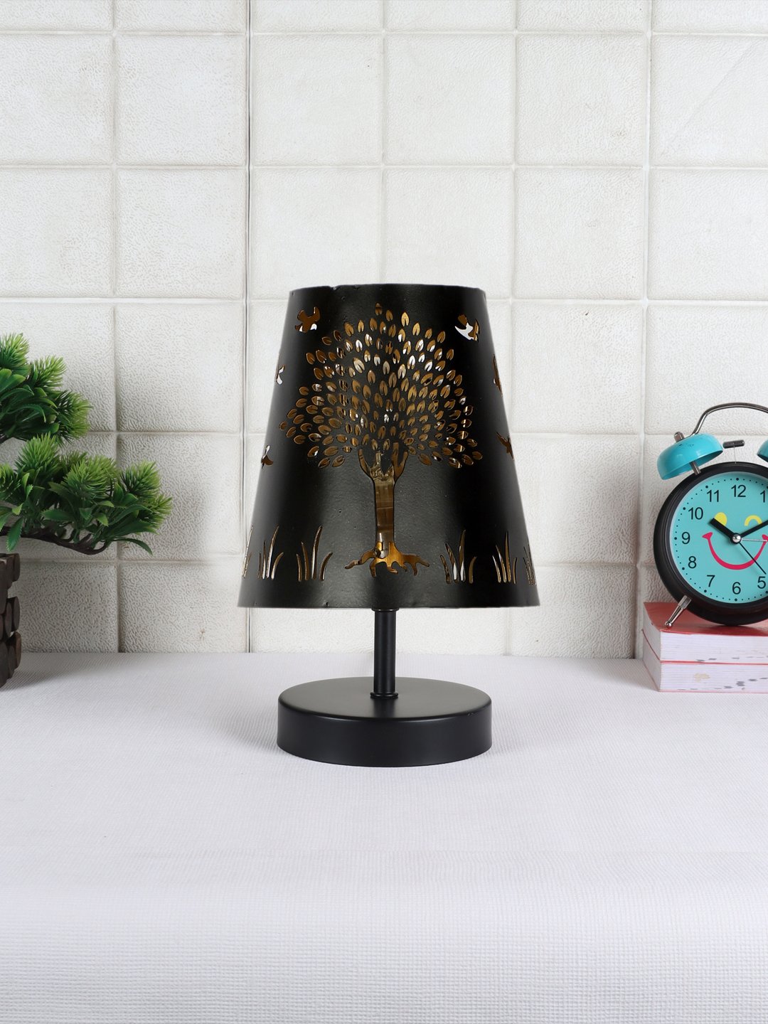 Ambika Home Black Metal Shade Wooden Table Lamp | Modern Bedside Lamp for Bedroom, Living Room, Hotel, Café & Home Décor