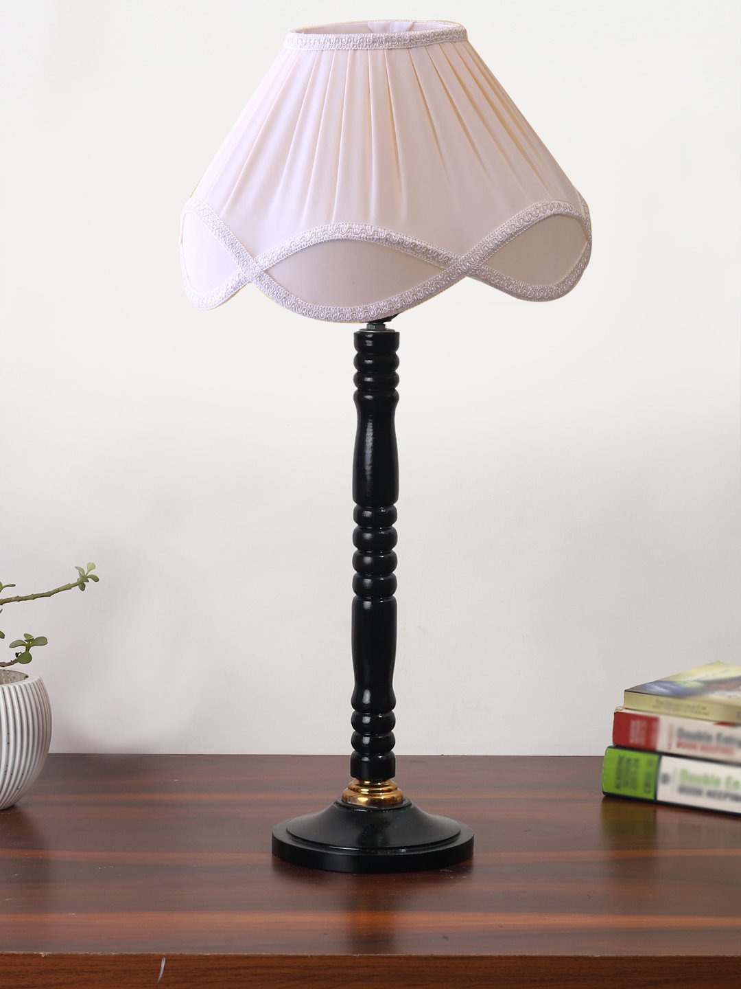 Ambika Home Luxury Black Wood Table Lamp with off-white Cotton Shade | Decorative Bedside Lamp for Bedroom, Living Room, Hotel & Office | E27 Holder | BH16