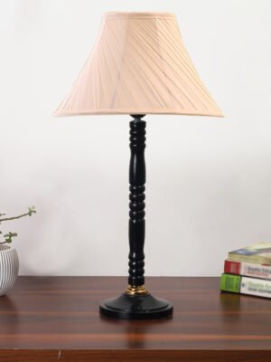 Ambika Home Modern Black  Wood Table Lamp with off-white  Cotton  Shade | Decorative Bedside Lamp for Bedroom, Living Room, Hotel & Office | E27 Holder | BH22