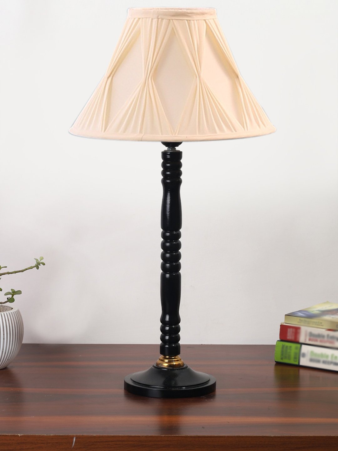 Ambika Home Minimalist Black Wood Table Lamp with off-white Jute Shade | Decorative Bedside Lamp for Bedroom, Living Room, Hotel & Office | E27 Holder | BH23