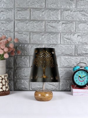 Ambika Home Black Metal Shade Wooden Table Lamp | Modern Bedside Lamp for Bedroom, Living Room, Hotel, Café & Home Décor