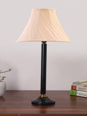 Ambika Home Luxury Black  Wood Table Lamp with off-white  Cotton  Shade | Decorative Bedside Lamp for Bedroom, Living Room, Hotel & Office | E27 Holder | BH46