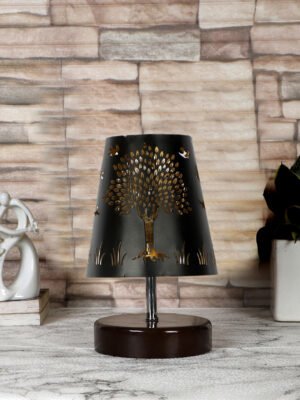 Ambika Home Black Metal Shade Wooden Table Lamp | Modern Bedside Lamp for Bedroom, Living Room, Hotel, Café & Home Décor