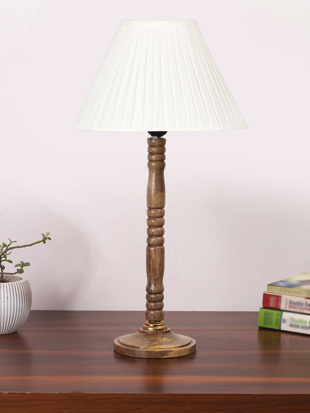 Ambika Home Designer Natural Wood Table Lamp with off-white Cotton Shade | Decorative Bedside Lamp for Bedroom, Living Room, Hotel & Office | E27 Holder | BH69