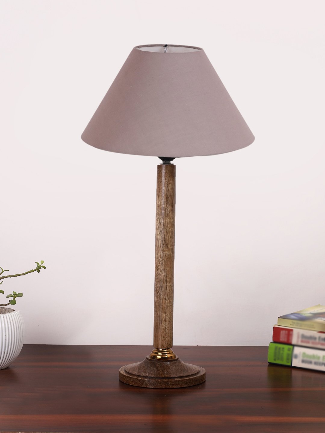 Ambika Home Classic Natural Wood Table Lamp with Grey Cotton Shade | Decorative Bedside Lamp for Bedroom, Living Room, Hotel & Office | E27 Holder | BH78