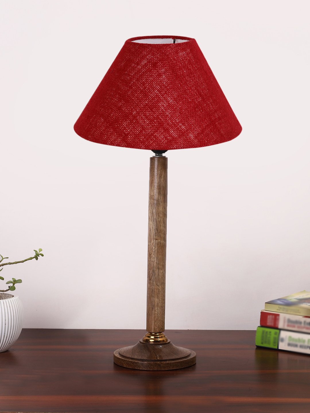 Ambika Home Modern Natural Wood Table Lamp with Maroon Jute Shade | Decorative Bedside Lamp for Bedroom, Living Room, Hotel & Office | E27 Holder | BH82