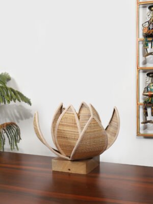 Ambika Home Premium Handmade Beige Bamboo Kamal Table Lamp with Square & Natural Wooden Base | Boho Bedside Lamp for Bedroom, Living Room, Hotel, CafÃ© & Office | E27 Holder