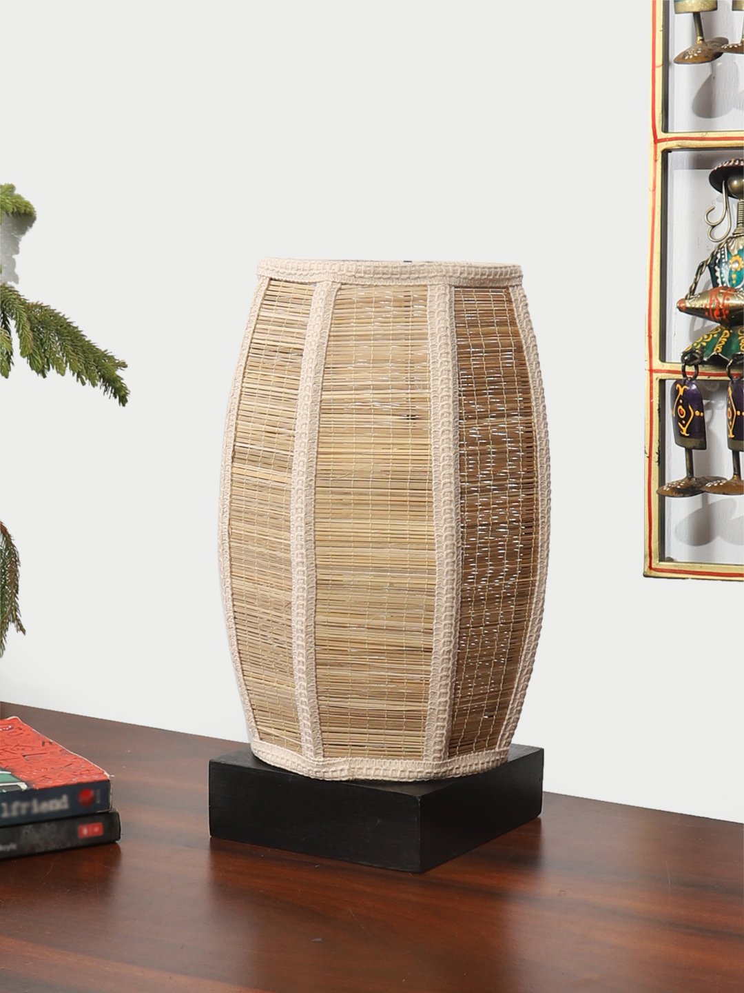 Ambika Home Premium Handmade Beige Bamboo Dholak Table Lamp with Square & Black Wooden Base | Boho Bedside Lamp for Bedroom, Living Room, Hotel, Café & Office | E27 Holder