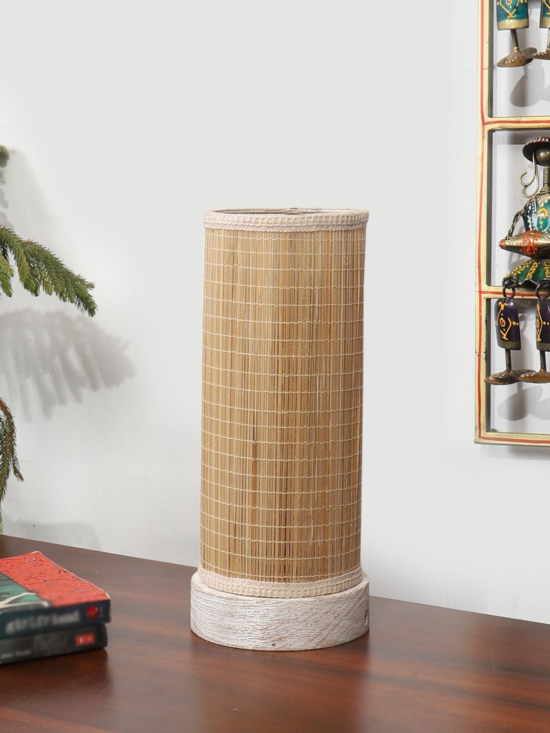 Ambika Home Premium Handmade Beige Bamboo Round Table Lamp with Round & White Brushed Wooden Base | Boho Bedside Lamp for Bedroom, Living Room, Hotel, Café & Office | E27 Holder