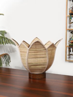Ambika Home Premium Handmade Beige Bamboo Lotus Table Lamp with Round & Brown Wooden Base | Boho Bedside Lamp for Bedroom, Living Room, Hotel, Café & Office | E27 Holder