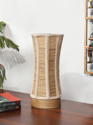 Ambika Home Premium Handmade Beige Bamboo Damru Table Lamp with Rownd & White Brushed Wooden Base | Boho Bedside Lamp for Bedroom, Living Room, Hotel, CafÃ© & Office | E27 Holder