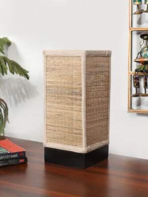 Ambika Home Premium Handmade Beige Bamboo Square Table Lamp with Black & Square Wooden Base | Boho Bedside Lamp for Bedroom, Living Room, Hotel, CafÃ© & Office | E27 Holder