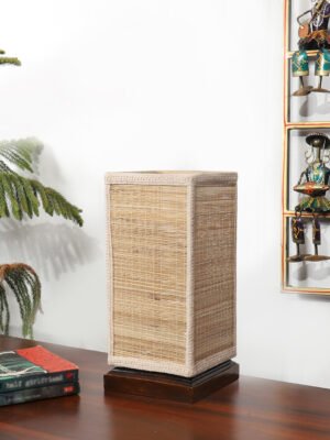 Ambika Home Premium Handmade Beige Bamboo Square Table Lamp with Brown & Square Wooden Base | Boho Bedside Lamp for Bedroom, Living Room, Hotel, CafÃ© & Office | E27 Holder