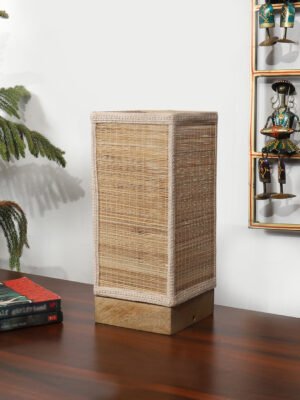 Ambika Home Premium Handmade Beige Bamboo Square Table Lamp with Natural & Square Wooden Base | Boho Bedside Lamp for Bedroom, Living Room, Hotel, CafÃ© & Office | E27 Holder