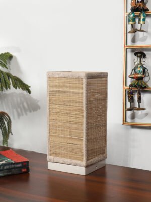 Ambika Home Premium Handmade Beige Bamboo Square Table Lamp with Square & White Wooden Base | Boho Bedside Lamp for Bedroom, Living Room, Hotel, CafÃ© & Office | E27 Holder