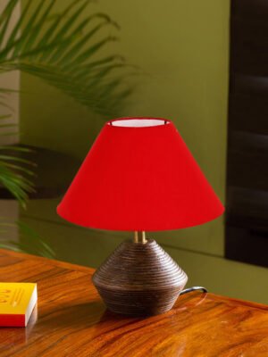 Ambika Home Wood Table Lamp with Red cotton  Shade | Decorative Bedside Lamp for Bedroom, Living Room, Dining Room, Study Room, Office, Hotel, CafÃ© & Restaurant | Modern Home DÃ©cor | E27 Holder