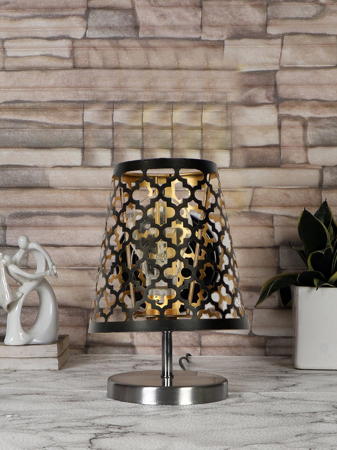 Ambika Home Black Metal Shade Wooden Table Lamp | Modern Bedside Lamp for Bedroom, Living Room, Hotel, Café & Home Décor