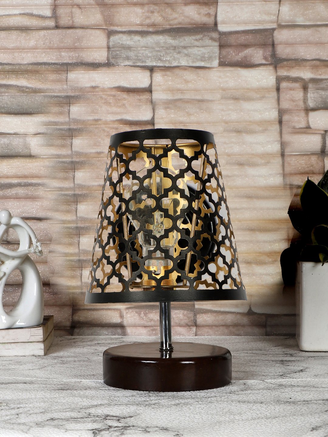 Ambika Home Black Metal Shade Wooden Table Lamp | Modern Bedside Lamp for Bedroom, Living Room, Hotel, Café & Home Décor