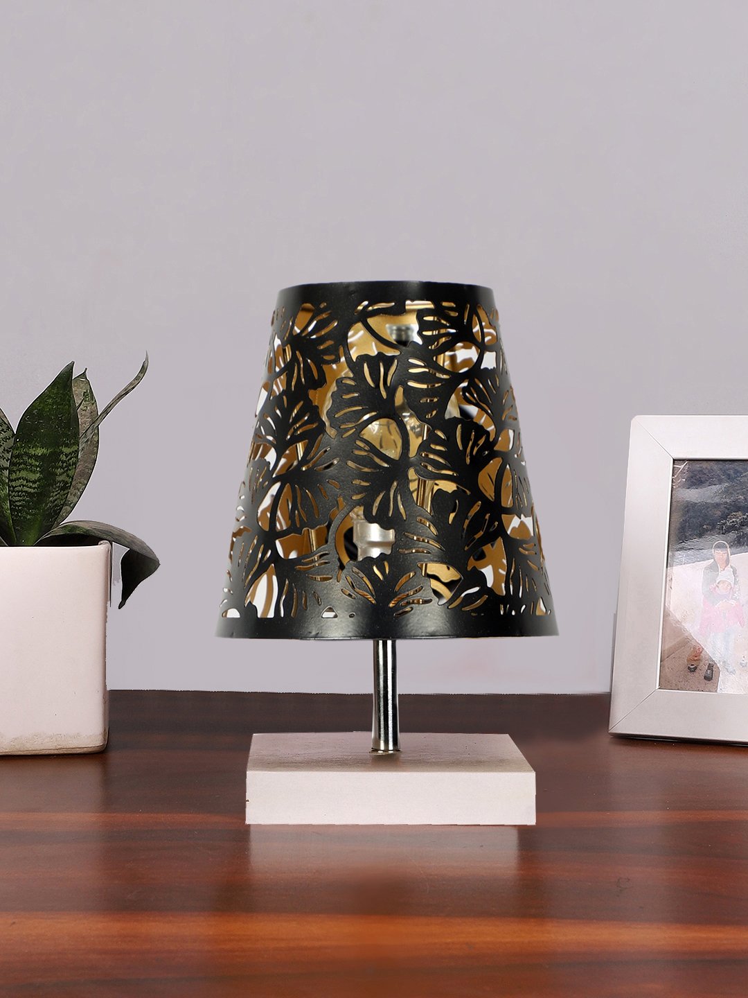 Ambika Home Black Metal Shade Wooden Table Lamp | Modern Bedside Lamp for Bedroom, Living Room, Hotel, Café & Home Décor
