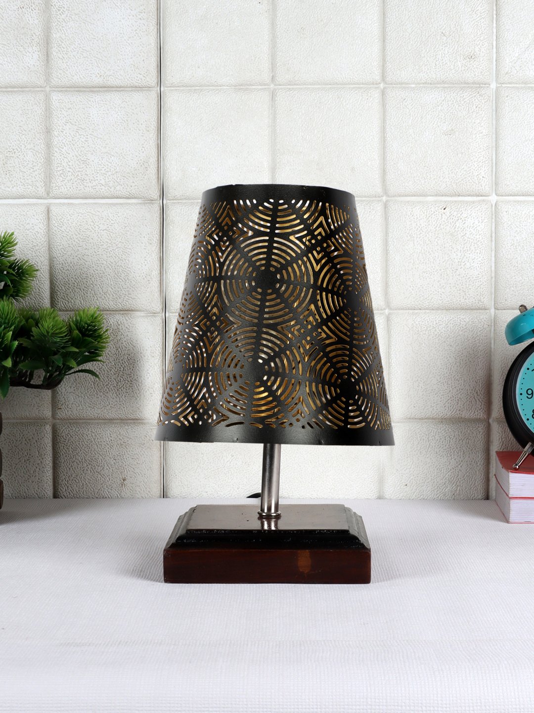 Ambika Home Black Metal Shade Wooden Table Lamp | Modern Bedside Lamp for Bedroom, Living Room, Hotel, Café & Home Décor