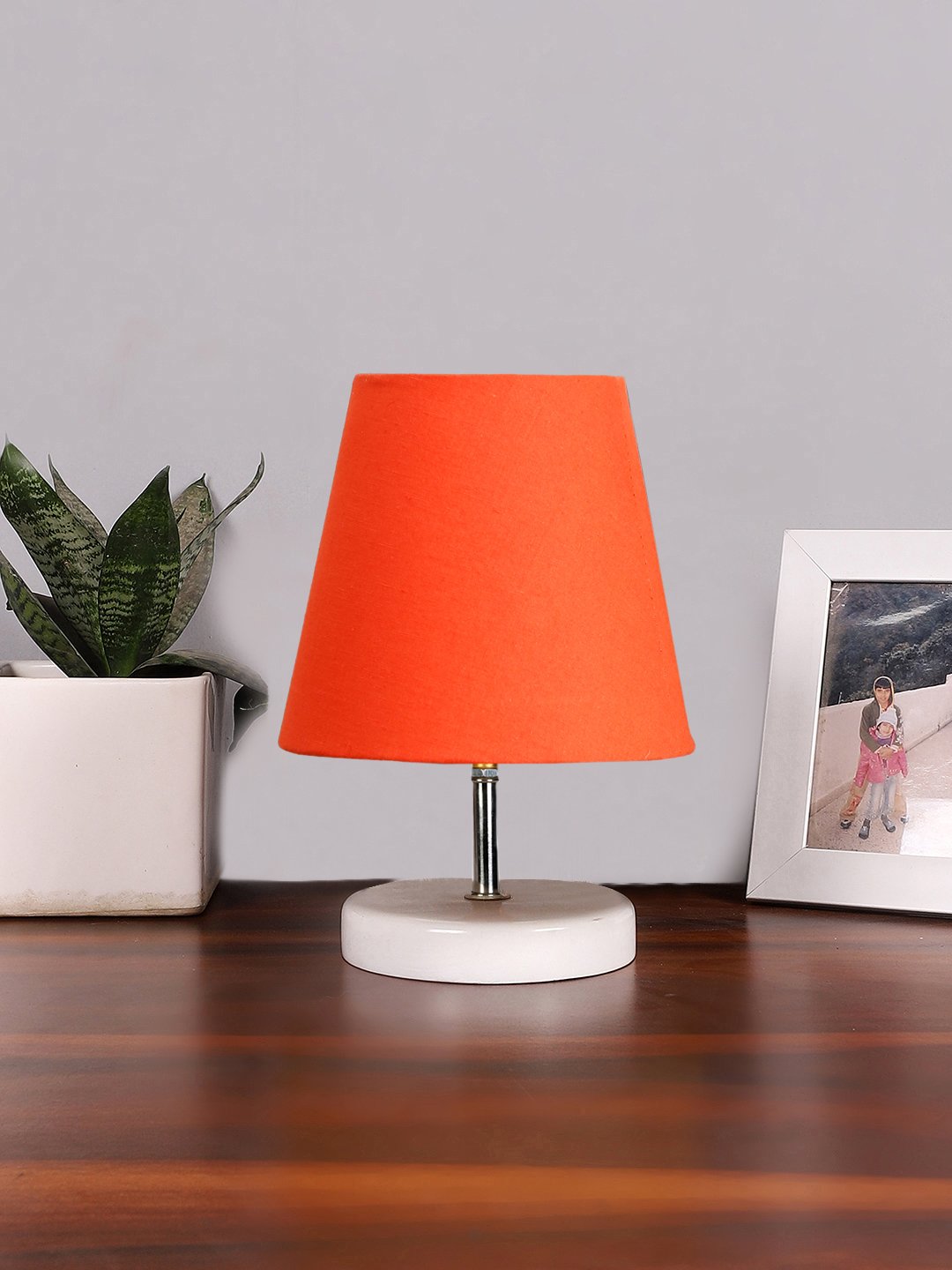 Ambika Home Orange Cotton Shade Wooden Table Lamp | Modern Bedside Lamp for Bedroom, Living Room, Hotel, Café & Home Décor