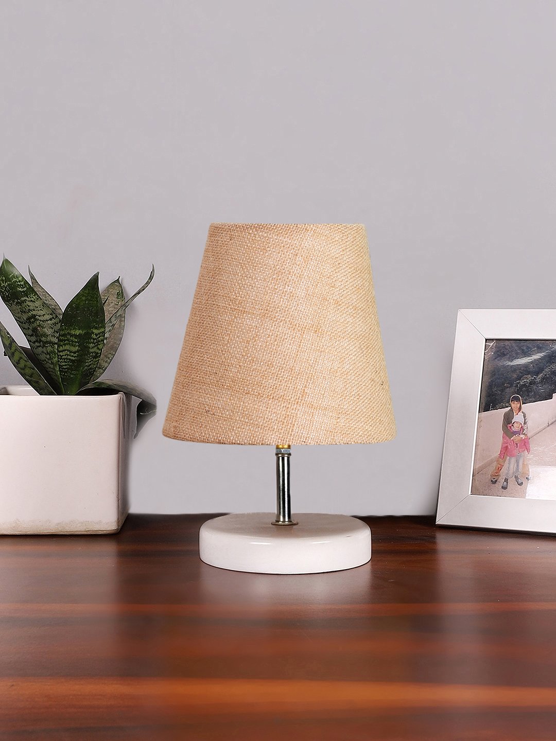 Ambika Home Beige Jute Shade Wooden Table Lamp | Modern Bedside Lamp for Bedroom, Living Room, Hotel, Café & Home Décor