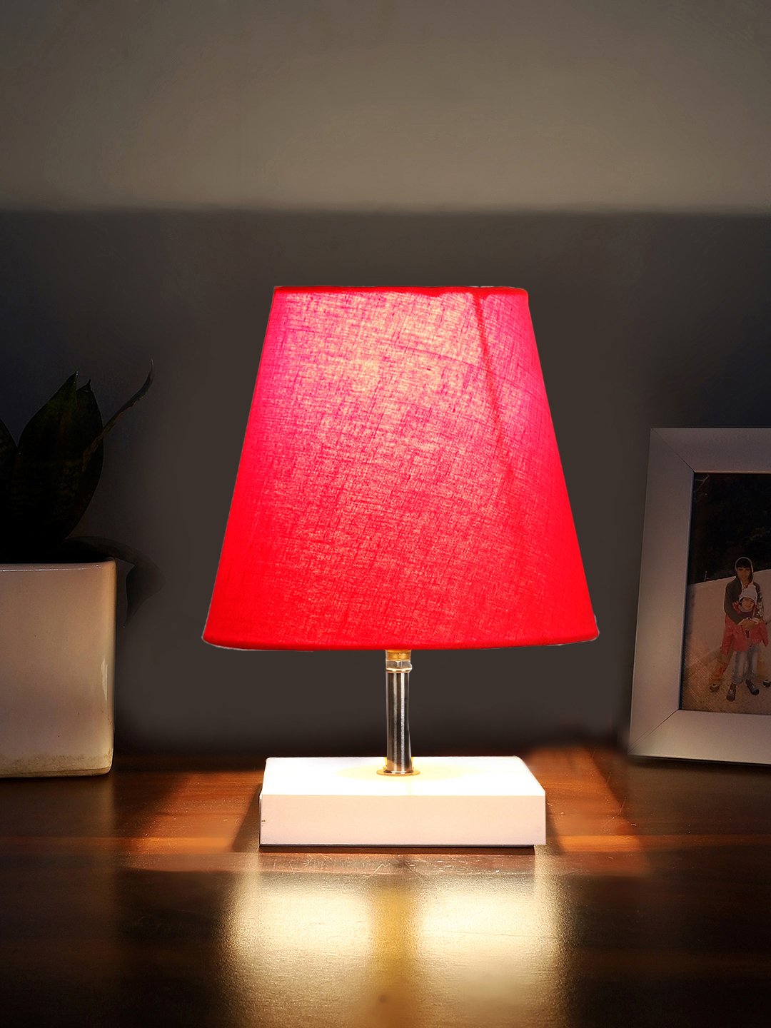Ambika Home Red Cotton Shade Wooden Table Lamp | Modern Bedside Lamp for Bedroom, Living Room, Hotel, Café & Home Décor - Image 2