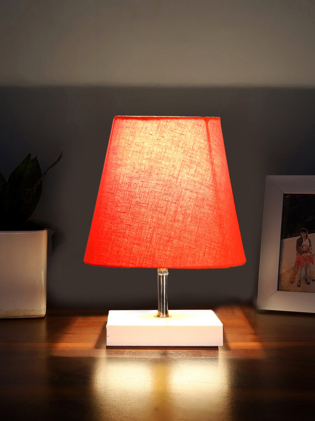 Ambika Home Orange Cotton Shade Wooden Table Lamp | Modern Bedside Lamp for Bedroom, Living Room, Hotel, Café & Home Décor - Image 2