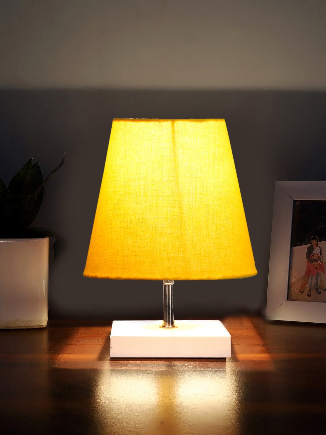 Ambika Home Yellow Cotton Shade Wooden Table Lamp | Modern Bedside Lamp for Bedroom, Living Room, Hotel, Café & Home Décor - Image 2